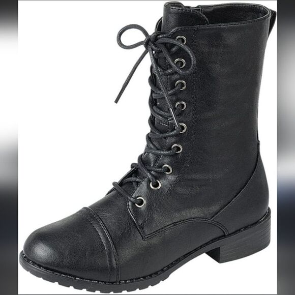 ROUGE HELIUM WOMEN' ROUND TOE MILITARY LACE UP KNIT ANKLE CUFF  HEEL COMBAT BOOT - Picture 14 of 14